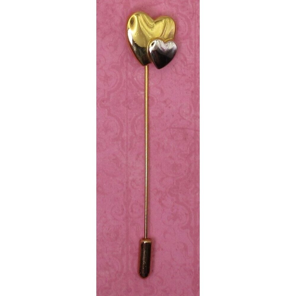 Vintage Crown Trifarri Gold And Silver Tone Double Two Heart 2.75" Stick Pin